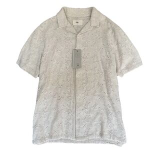 New FOLK Size XL‎ Shirt Men's Button Down Linen Blend White Eyelet MSRP $181